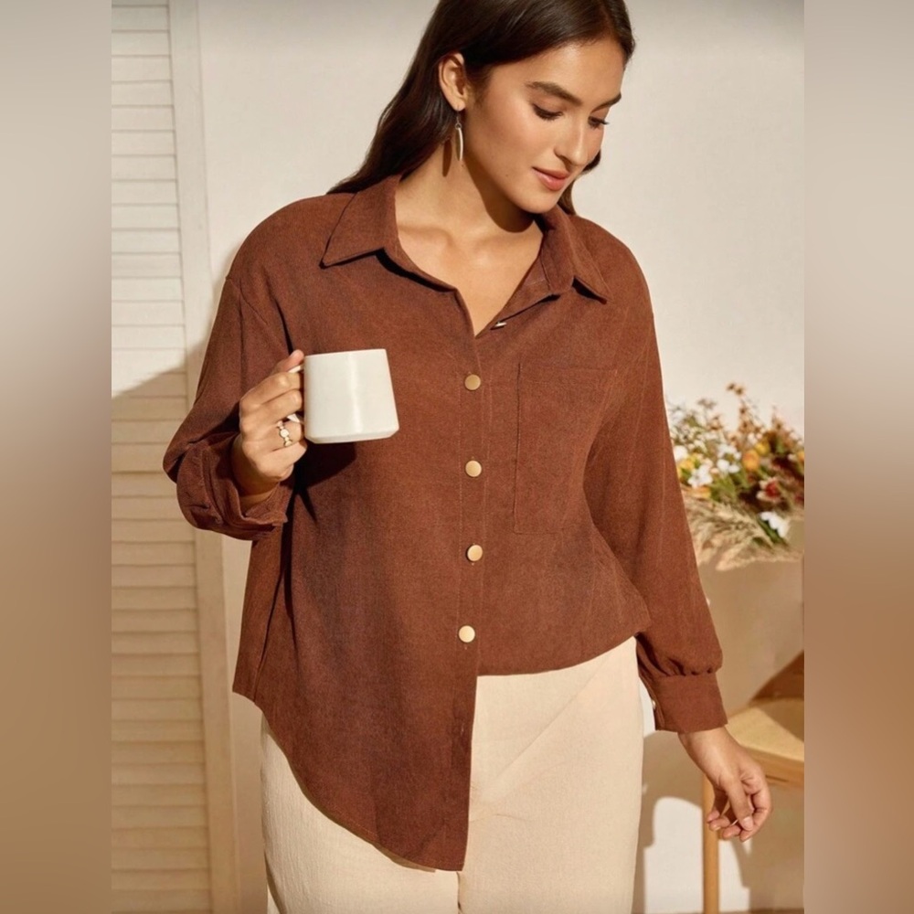 SHEIN Rust Brown Corduroy 2XL Button Up Shacket